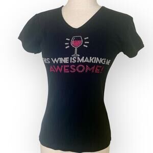 Women’s black rhinestone wine tee, short sleeve embellished graphic T-shirt